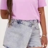 Blauwe Denim Skort Met Overslag En Roze Gloed