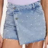 Blauwe Denim Skort Met Parels