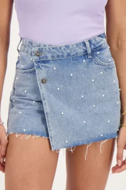Blauwe Denim Skort Met Parels