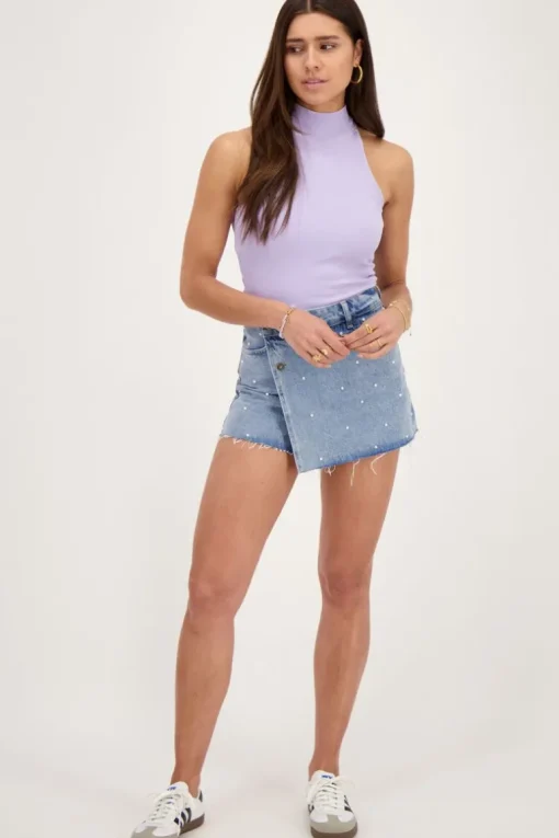 Blauwe Denim Skort Met Parels