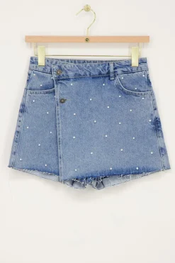 Blauwe Denim Skort Met Parels