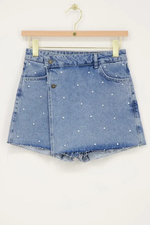 Blauwe Denim Skort Met Parels