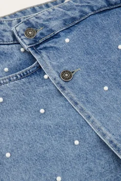 Blauwe Denim Skort Met Parels