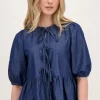 Blauwe Denim Top Met Strikjes En Pofmouwen