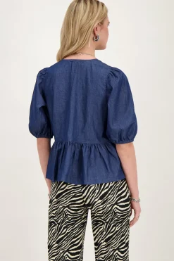 Blauwe Denim Top Met Strikjes En Pofmouwen