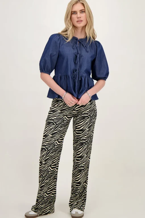 Blauwe Denim Top Met Strikjes En Pofmouwen
