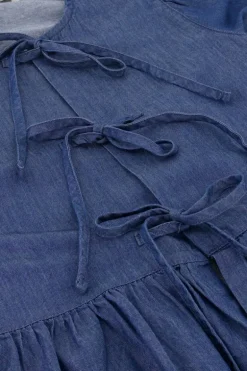 Blauwe Denim Top Met Strikjes En Pofmouwen
