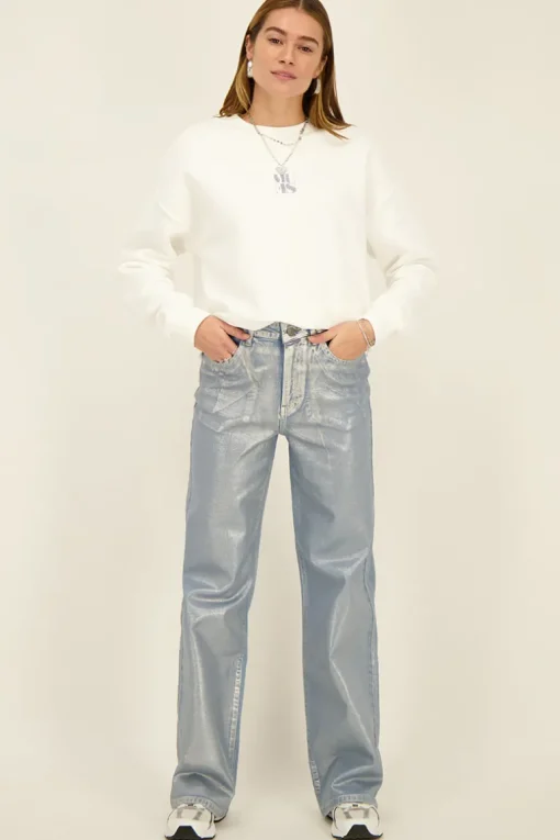 Blauwe Jeans Met Zilveren Coating