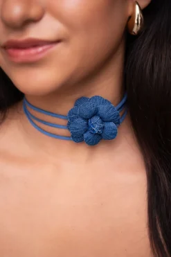 Blauwe Koord Choker Met Denim Bloem
