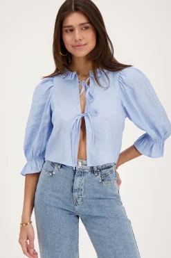 Blauwe Top Met Strikjes En Ruffle Kraag