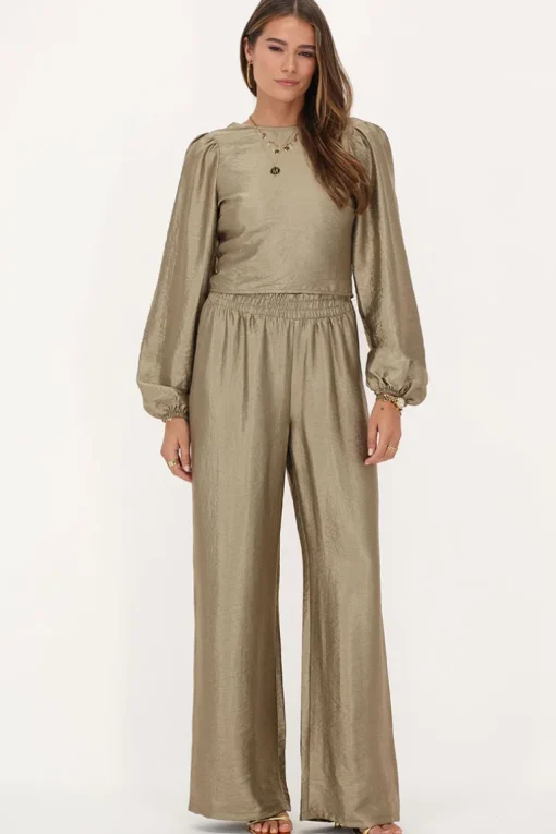 Bronzen Wide Leg Broek Met Elastieken Band