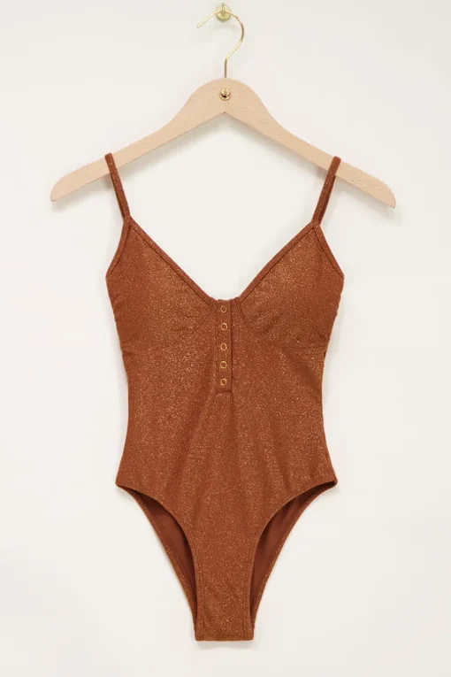 Bruin Badpak Met Lurex & Knoopjes