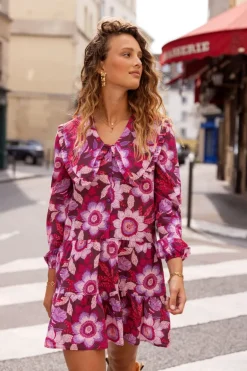 Bruine Jurk Met Roze Bloemenprint