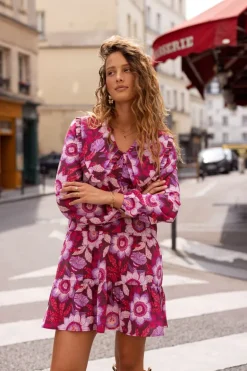 Bruine Jurk Met Roze Bloemenprint