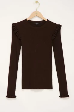 Bruine Rib Top Met Schouder Ruffle