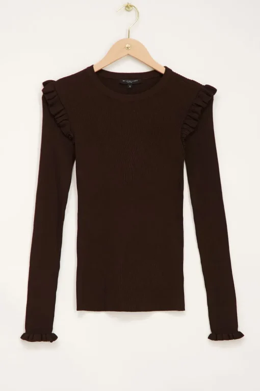 Bruine Rib Top Met Schouder Ruffle