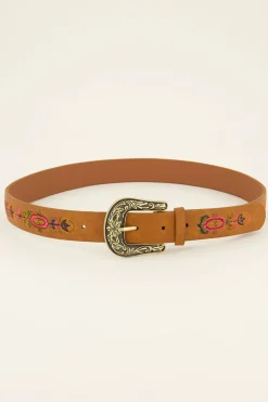 Bruine Riem Met Gouden Gesp & Embroidery Bloemen