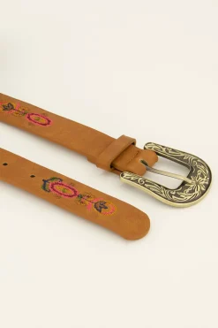 Bruine Riem Met Gouden Gesp & Embroidery Bloemen