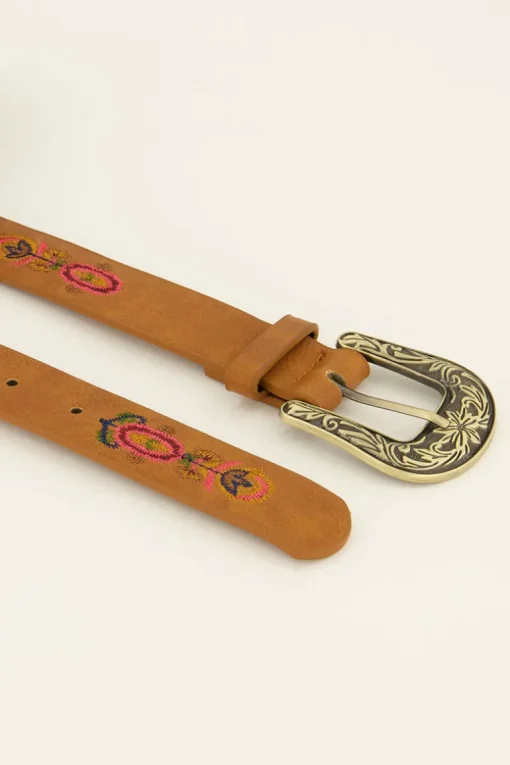 Bruine Riem Met Gouden Gesp & Embroidery Bloemen