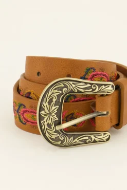 Bruine Riem Met Gouden Gesp & Embroidery Bloemen