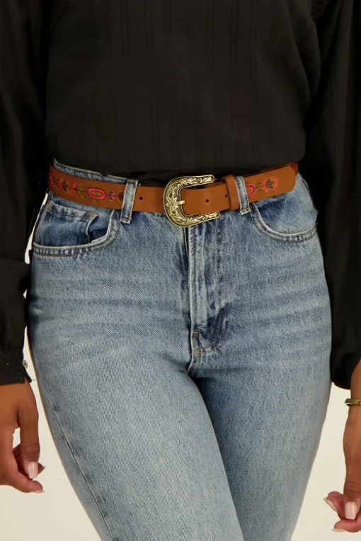 Bruine Riem Met Gouden Gesp & Embroidery Bloemen