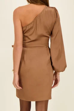 Bruine Satijnen One-shoulder Jurk Met Overslag
