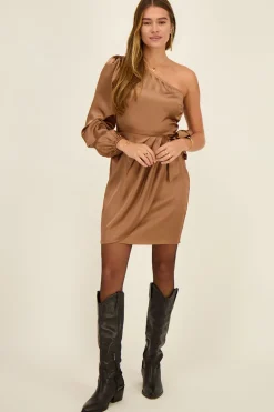 Bruine Satijnen One-shoulder Jurk Met Overslag