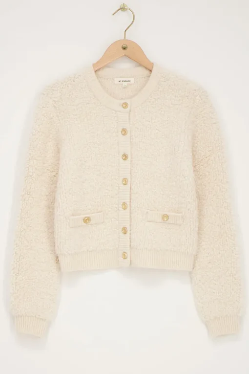 Crème Vestje Met Knopen Bouclé