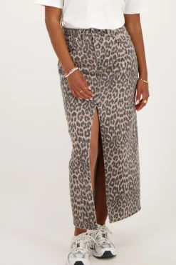 Denim Midi Rok Met Panterprint
