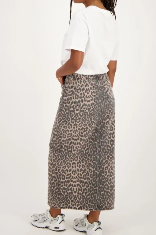 Denim Midi Rok Met Panterprint
