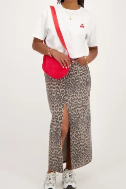 Denim Midi Rok Met Panterprint
