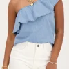 Denim One-shoulder Top Met Ruffle