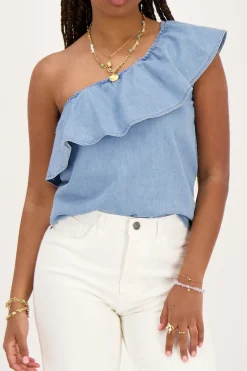 Denim One-shoulder Top Met Ruffle