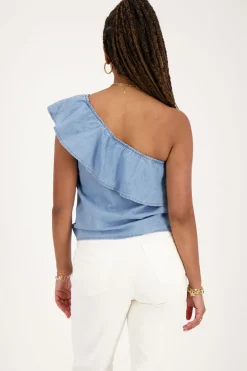 Denim One-shoulder Top Met Ruffle