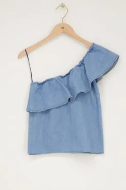 Denim One-shoulder Top Met Ruffle