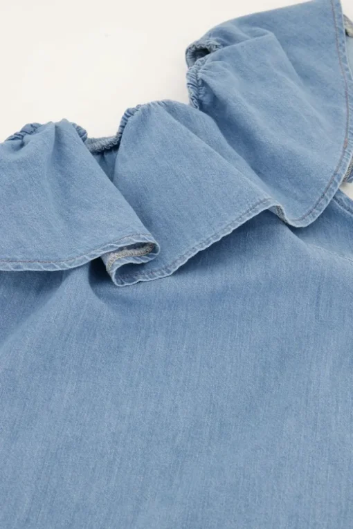 Denim One-shoulder Top Met Ruffle