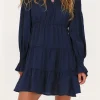 Donkerblauwe Jurk Met Plooien & Ruffle Mouwtjes