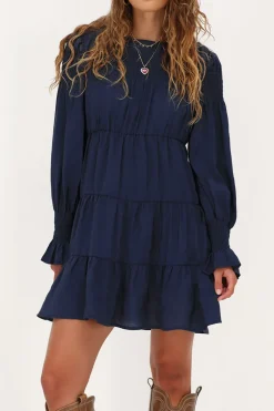 Donkerblauwe Jurk Met Plooien & Ruffle Mouwtjes