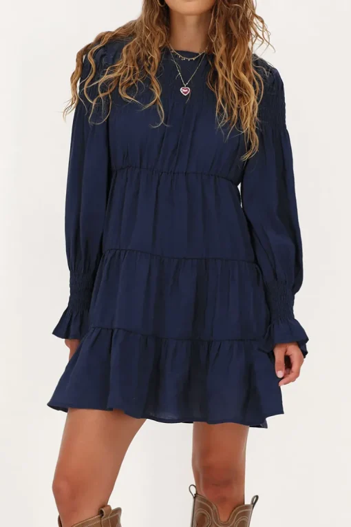 Donkerblauwe Jurk Met Plooien & Ruffle Mouwtjes