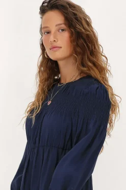 Donkerblauwe Jurk Met Plooien & Ruffle Mouwtjes
