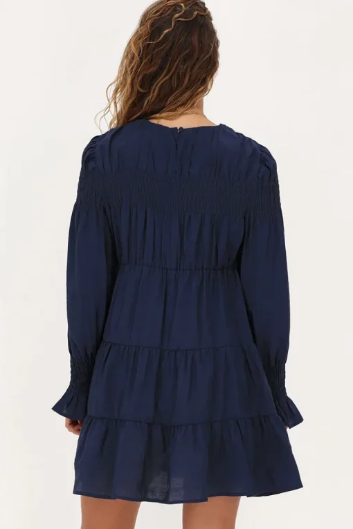 Donkerblauwe Jurk Met Plooien & Ruffle Mouwtjes