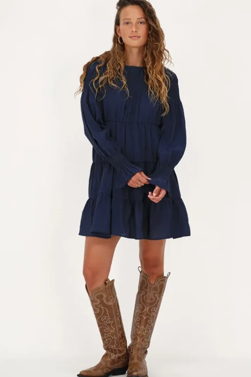 Donkerblauwe Jurk Met Plooien & Ruffle Mouwtjes
