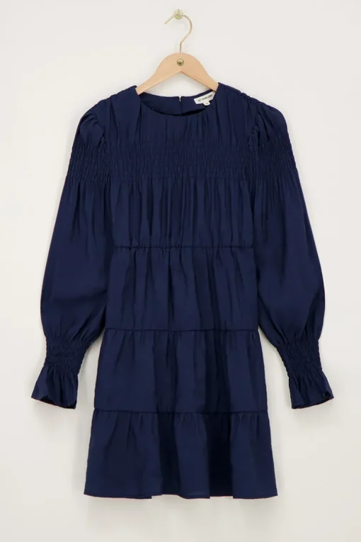 Donkerblauwe Jurk Met Plooien & Ruffle Mouwtjes