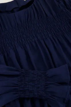 Donkerblauwe Jurk Met Plooien & Ruffle Mouwtjes