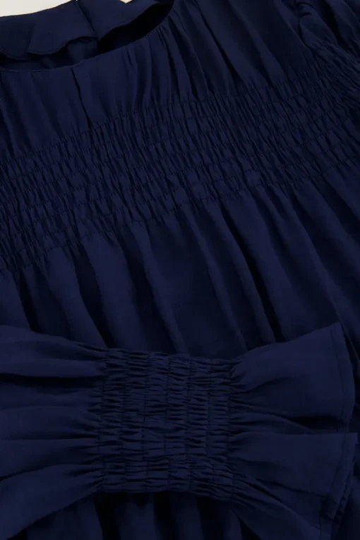 Donkerblauwe Jurk Met Plooien & Ruffle Mouwtjes