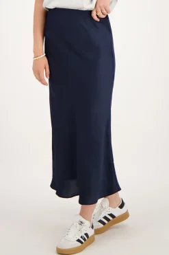 Donkerblauwe Midi Satijnen Rok