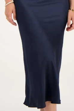 Donkerblauwe Midi Satijnen Rok