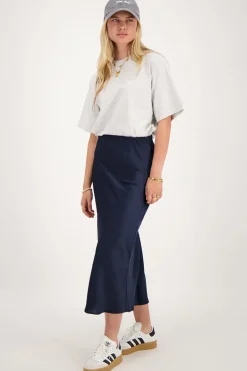 Donkerblauwe Midi Satijnen Rok