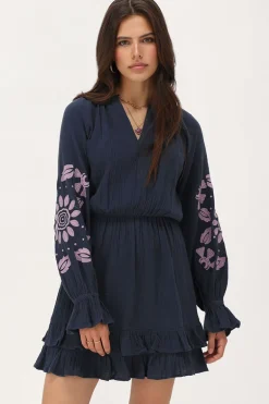 Donkerblauwe Mousseline Jurk Met Lila Embroidery