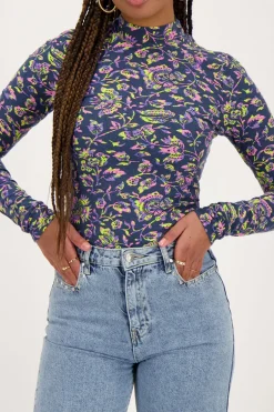 Donkerblauwe Top Met Col En Paisley Print